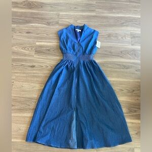 Denim Zip-Front Midi Dress in Blue Zip Front Sleeveless